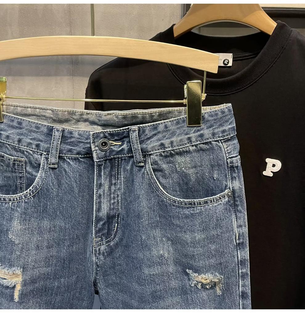 Men's Ripped Denim Shorts Casual Loose Fit Washed Perforated Straight Leg Mid Waist Trendy Summer Style Cotton Five Point Pants_mkmklike.com