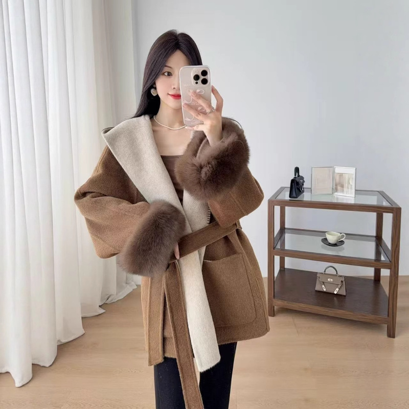 Korean Classy 2025 New Double-Sided Wool Coat with Hooded Large Lapel and Lace-Up Mid-Length Fox Fur Cuffs