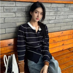 撞色条纹镂空针织衫开衫外套女早秋薄款韩系复古外搭显瘦短款上衣