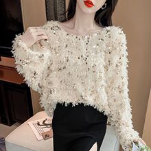时尚亮片羽毛毛衣女春冬2026新款感小众设计感针织打底衫上衣