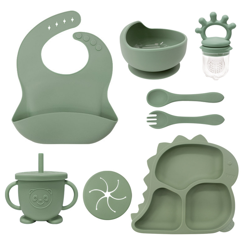 Alimentación infantil platos de dinosaurio set de platos de entrenamiento cucharas para bebés de silicona dibujos animados bajacos ventosa tazón