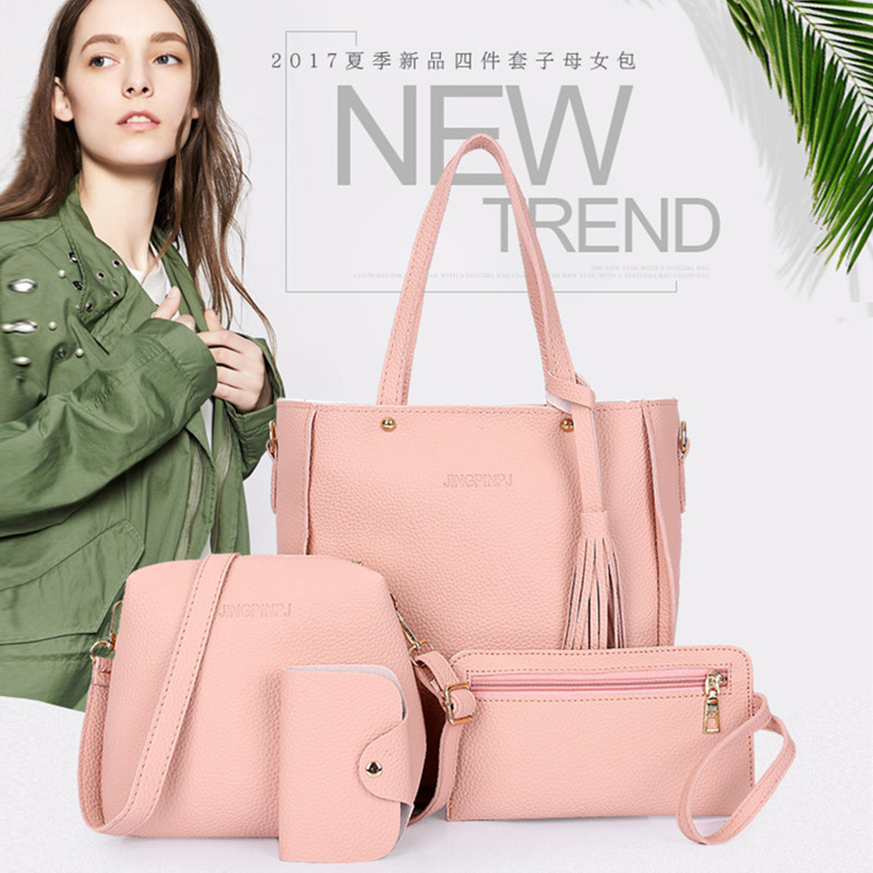 外贸女包2021秋冬新款时尚单肩斜挎包荔枝纹子母包四件套手提包包