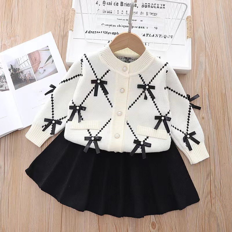 Xiaoxiangfeng Mädchenpullover, zweiteiliges Strickset für Kinder, neues Damen-Strickjackenset mit Schatzschleife_voghion.com