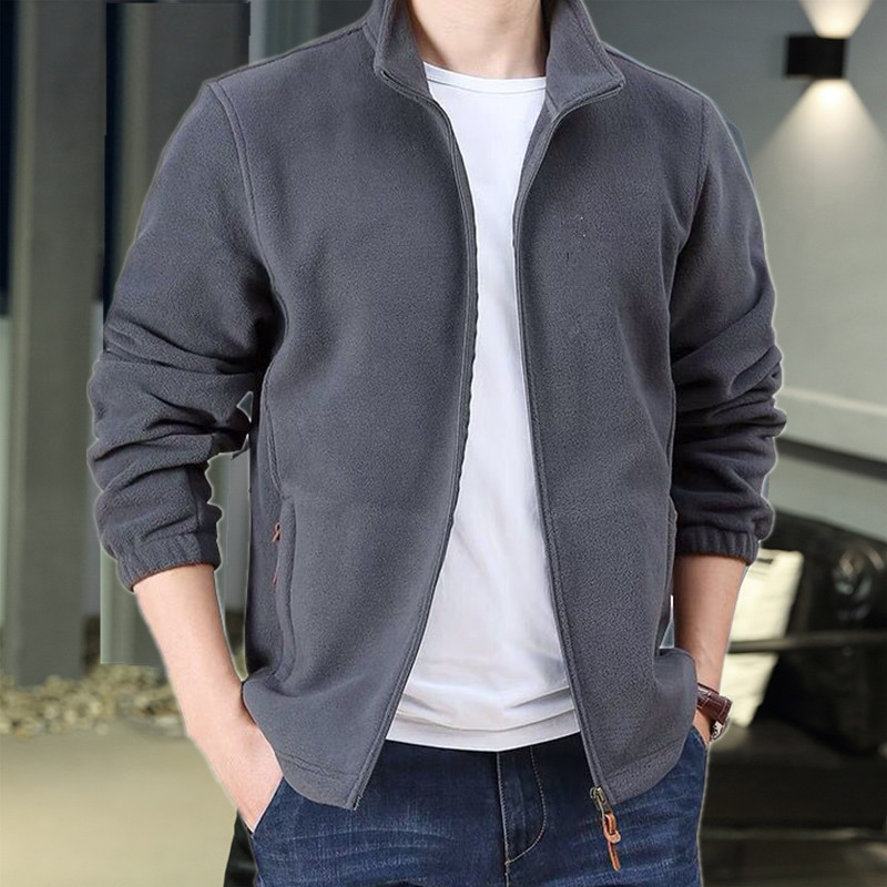 Jacket Lining Fleece Jacket Men's Spring, Autumn and Winter Outdoor Velvet Thickeneded Double-Sided Stand-Up Collar Cardigan Fleece Polar Fleece Jacket