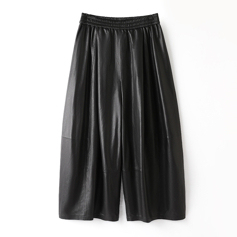 Genuine leather pants HN6603, full vegetable-tanned sheepskin, casual elastic mid-high waist, loose wide-leg cropped pants Genuine leather pants HN6603, full vegetable-tanned sheepskin, casual elastic mid-high waist, loose wide-leg cropped pants