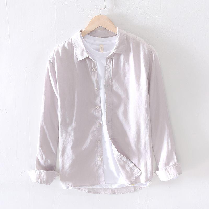 Camisa de lino de manga larga blanca transpirable en la playa Camisa de lino de algodón y lino delgada delgada informal para hombre