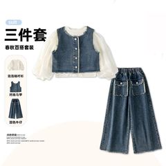 子供の春と秋の新しいファッションデニムベストスーツ、大きな子供用カジュアルスタイルの女の子のスリーピーススーツ。