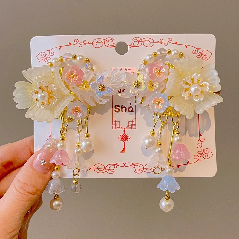 Niños vestidos de estilo antiguo para el cabello Hanfu flores bordas niñas super inmortales tarjeta de cabello tocado de estilo chino arco clip