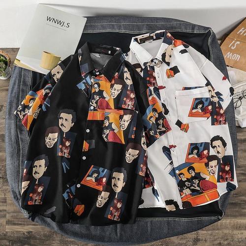 Men's Summer Short Sleeve Collared Shirt, Ins Retro Funny Headprint Personality Print Streetwear Korean Style Loose Collared Shirt