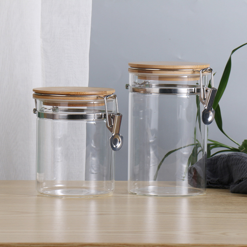 Hebilla de acero inoxidable frasco de almacenamiento de vidrio a prueba de humedad espesado vidrio de borosilicato botella sellada frasco de almacenamiento de grano