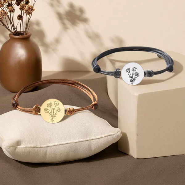 Cross-Border Hot-Selling Handmade Woven Stainless Steel Round Tag with Birth Flower and Name, Gold Adjustable Simple Couple's Versatile Gift