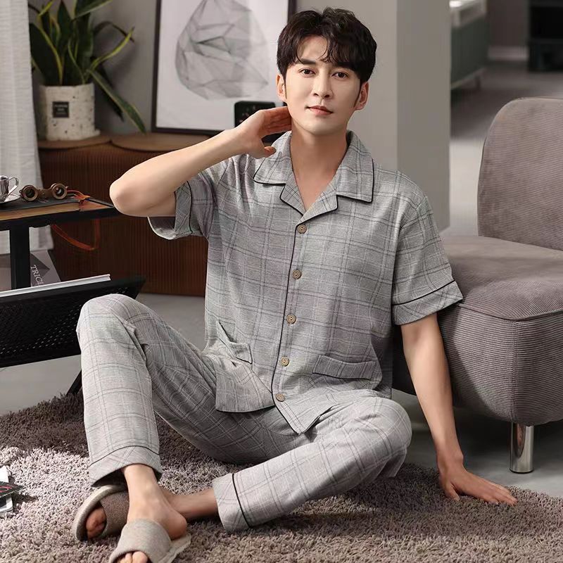 Pijamas de verano de algodón, pantalones de mangas cortas para hombres, ropa de hogar de verano más grande se puede usar fuera