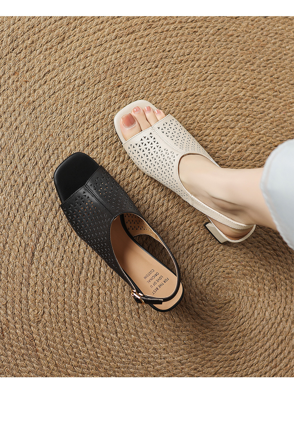 Sandal cao gót nữ hở mũi quai ngang đục lỗ da bò, gót 7 cm — Gạo trắng và cao 7 cm chi tiết 6