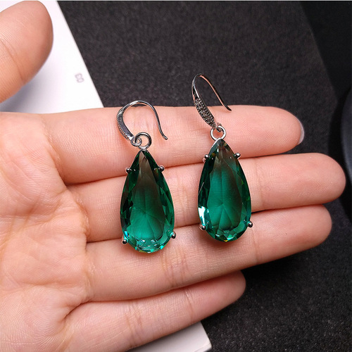 Xingheng jewelry wholesale imitation emerald ear hooks platinum-plated drop-shaped blue crystal ear hooks emerald drop ear hooks