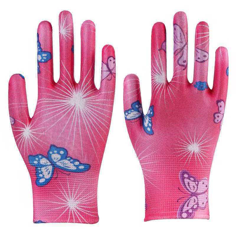Juego de guantes de palma recubiertos de PU coloridos para mujer, protección laboral, antideslizantes, estampados, engomados, al por mayor, guantes finos de protección laboral image 15