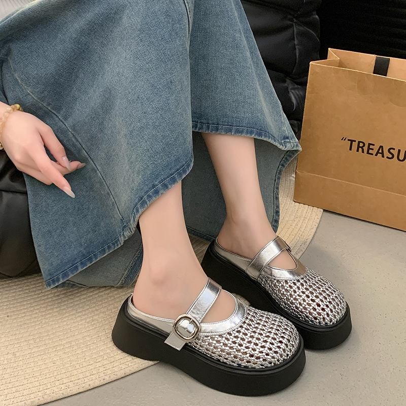シルバーメッシュ厚底ビルケンシュトックつま先ハーフスリッパ女性用、スカート付きサンダルとスリッパ付き2025年夏新作|undefined