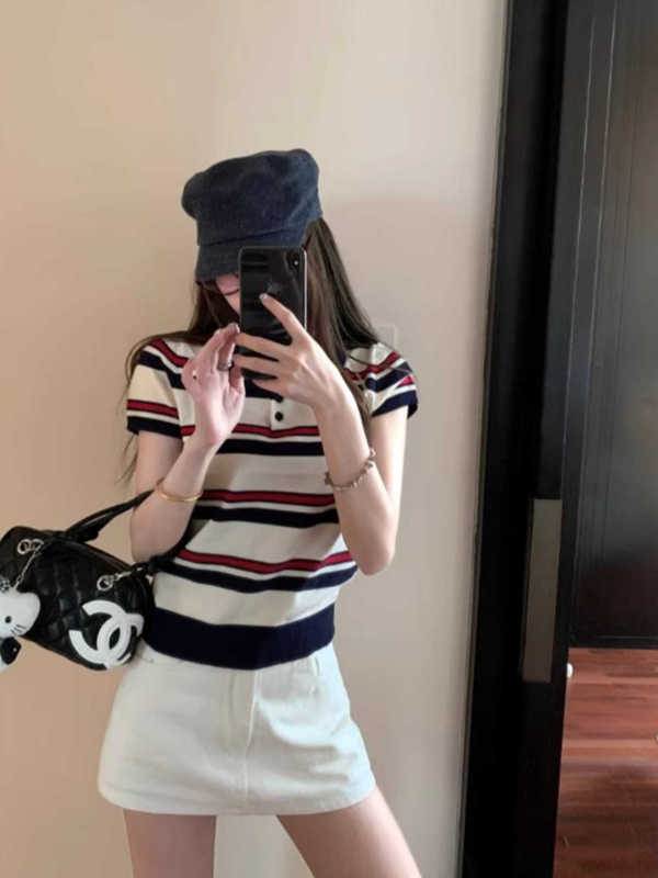 条纹polo翻领针织冰丝短袖t恤女正肩短款上衣|undefined