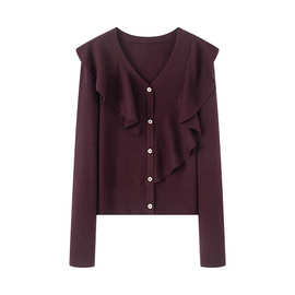 2025冬季新款时尚百搭花边显瘦毛针织开衫V领外套上衣5309AC01569