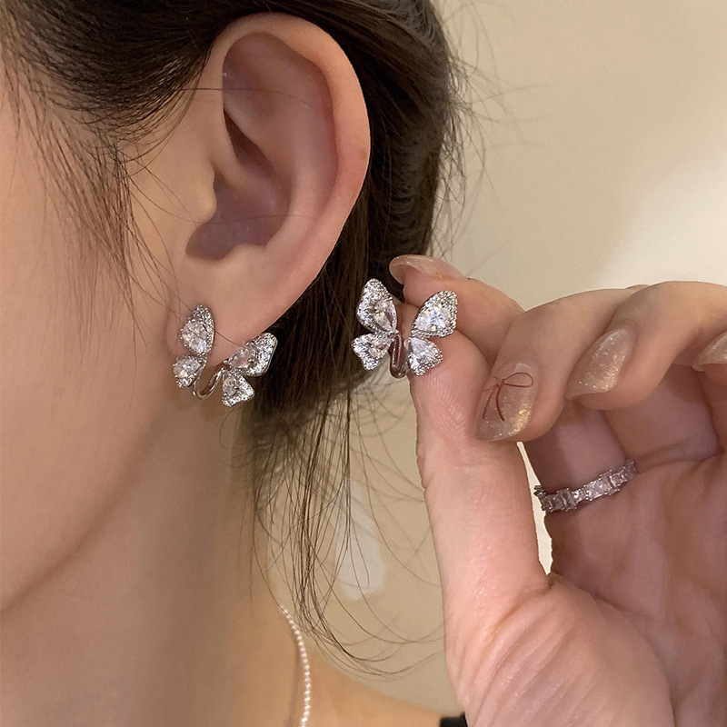 S925纯银针轻奢小众高级感精致锆石蝴蝶耳钉女独特个性设计感耳环|undefined
