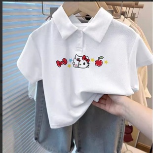 Children's Polo Shirt Short-Sleeved T-Shirt Boy Summer Cartoon Girl White Top Medium and Large Kidsren's Lapel Half-Sleeved Clothes
