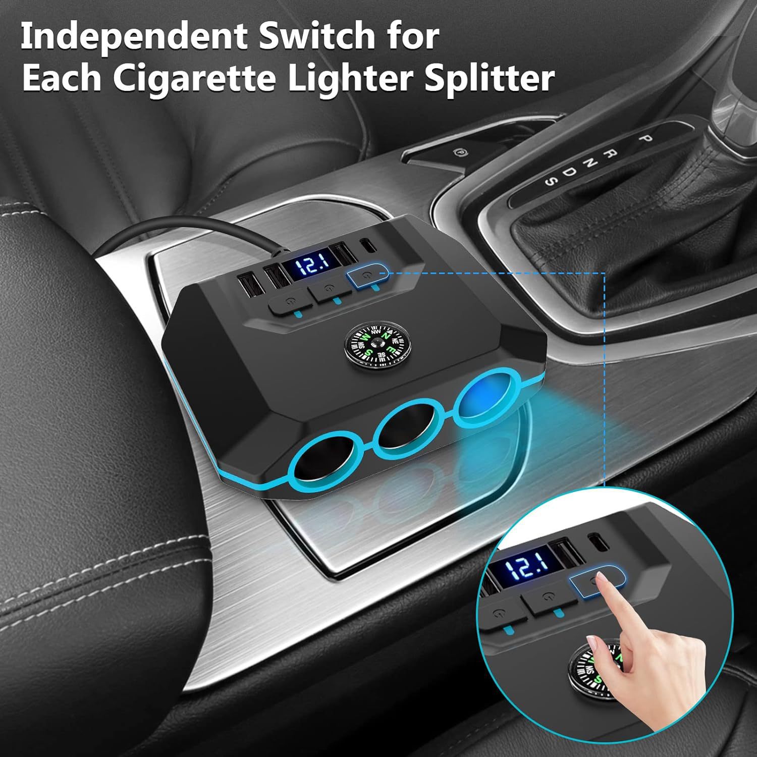 Car Cigarette Lighter Adapter with Switch, Voltage Display, 4 USB Ports, 120W Custom Car Charger for Mobile Phones