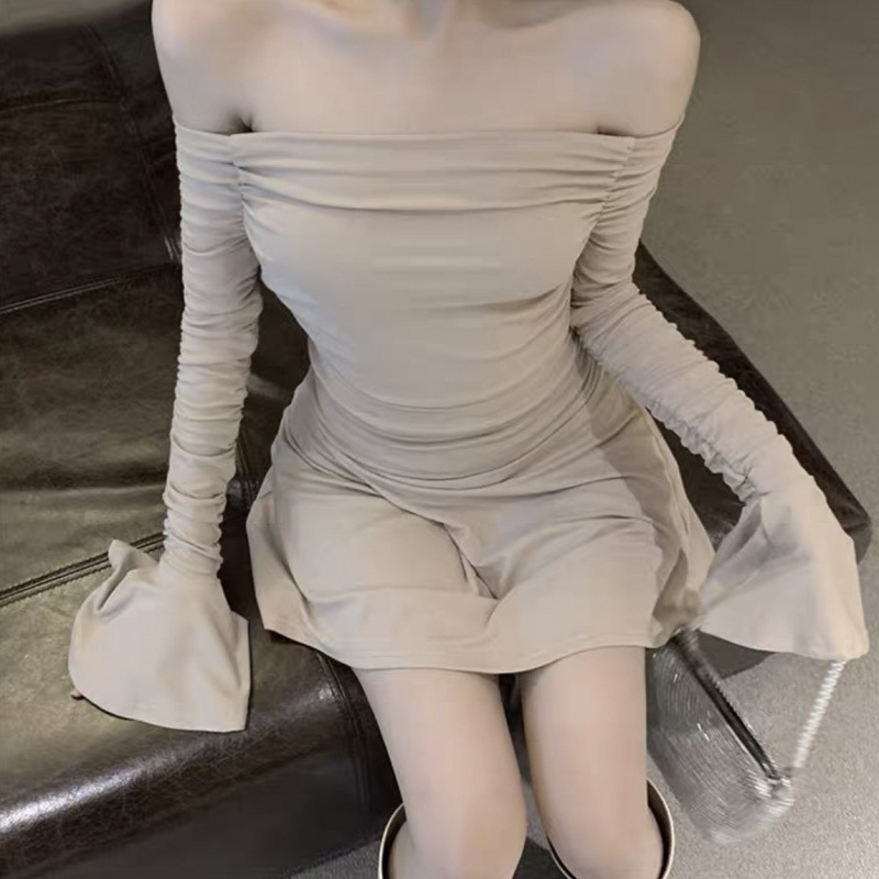 (2개) 봄과 가을 새로운 스타일 순수한 욕망 스타일 여성 스파이스 소녀 한 캐릭터 칼라 리키 숄더 주름 슬림 룩 슬림 룩 호른 긴 소매 A-캐릭터 슬림 룩 원피스