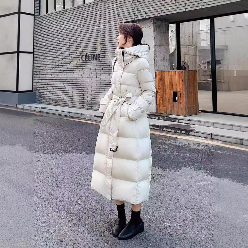 High-end down jacket women's long hooded waist slimming new GB 90 white duck down coat wholesale temperament trench coat