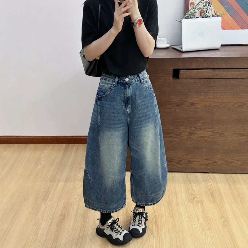 European Station 2026 Spring/Summer New Casual Blue Pleated Boyfriend Pants for Women Korean Style Loose Slimming Cropped Jeans European Station 2026 Spring/Summer New Casual Blue Pleated Boyfriend Pants for Women Korean Style Loose Slimming Cropped Jeans