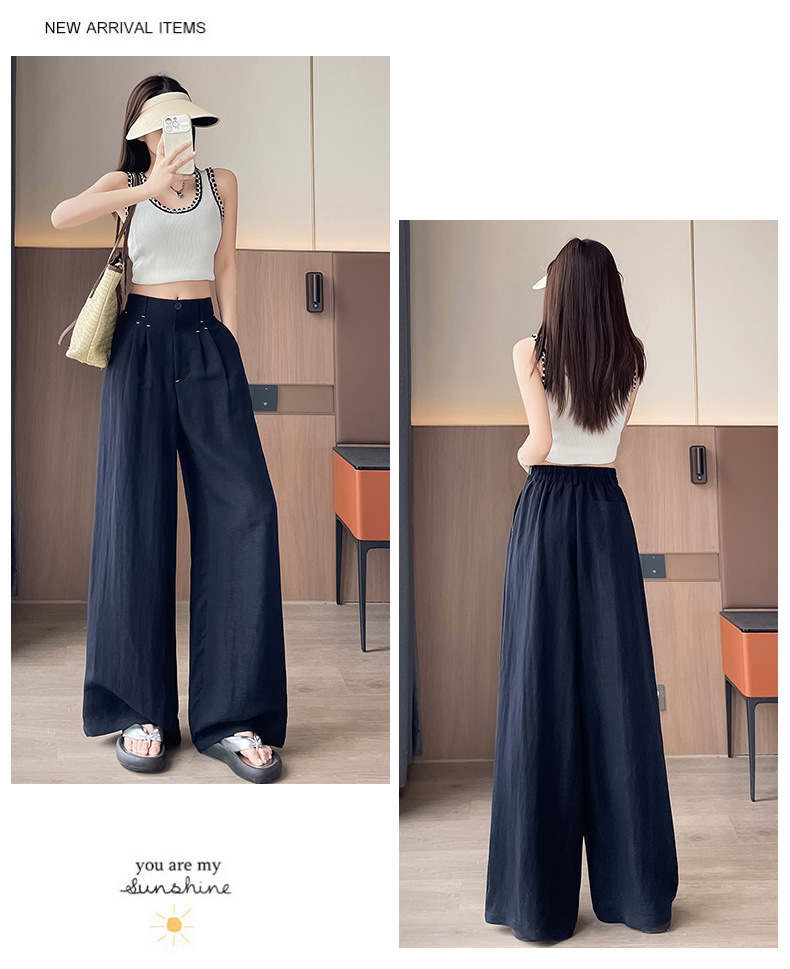 Quần ống rộng vải lụa băng đa năng nữ, phong cách sang trọng mỏng nhẹ mùa hè, quần ống đứng vải lanh Tencel — Màu xanh hải quân (kiểu thông thường) chi tiết 48