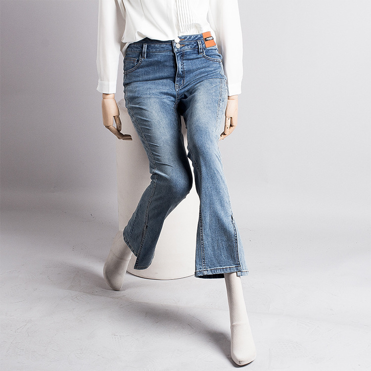 个性开叉牛仔裤女秋2022年新款春秋高腰显瘦阔腿微喇叭裤子潮