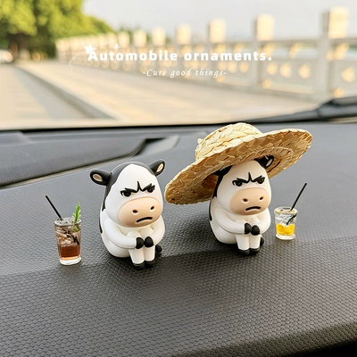 Emo Grassland Cow Car Decoration Figurine Cute Ugly-Cute Cow Doll Car Dashboard Desktop Ornament Gift (Car ornaments) - emo-cow-straw-hat-cow-2-drinks-free-traceless-glue