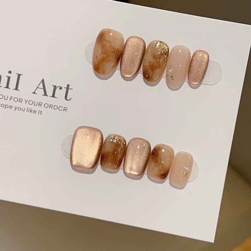[Chocolate Sauce] Amber Smudged Gold Foil Brown Cat Eye Handmade Manicure 583 Styles with Box Tool Kit