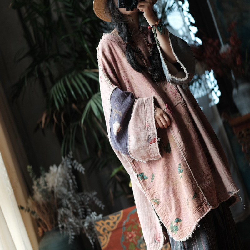 Vintage Artistic Distressed Vibe Niche Color-Blocking Spring Pink Buttoned Robe 2283 Dusty Romance