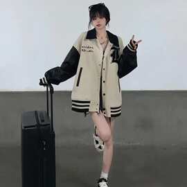美式复古拼接棒球服女春秋季2025新款设计感小众日系宽松夹克外套