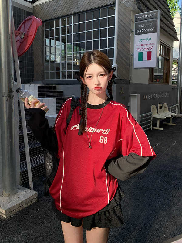 ANDEARDI デザイン偽ツーピースコントラストカラーステッチ長袖 T シャツ女性の夏軽量通気性ジャージスタイルトップ|undefined