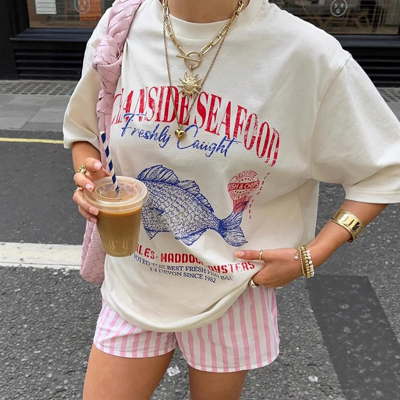 Cross-Border New Style American-Style Lazy Style Seafood Fish Print Short-Sleeved T-Shirt, Summer Loose Casual Versatile Outerwear Top