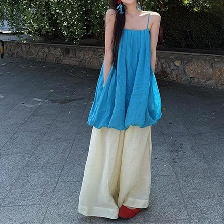 甜美风设计感蓝色花苞吊带背心女夏季宽松休闲裤阔腿裤韩系两件套