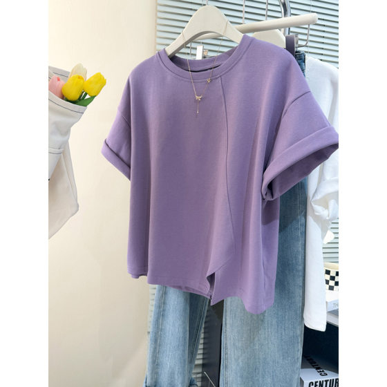 European and American Style Hong Kong Style Cotton Half-sleeved T-shirt Women's Summer Loose Korean-style All-match Split Hem Short-sleeved Top