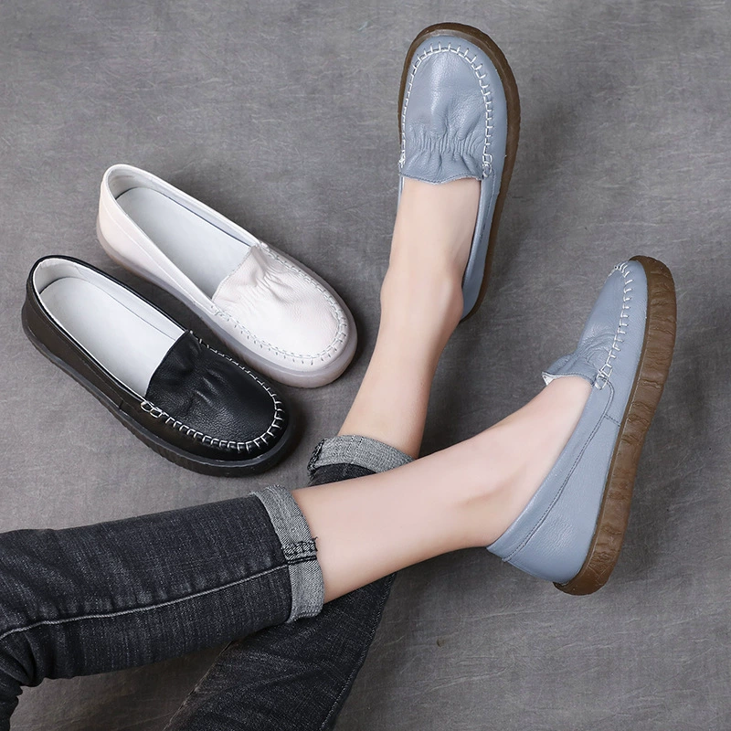 2023 Весенне-летняя новая обувь, сшитая вручную, Женская Однослойная обувь из натуральной кожи, обувь для беременных на мягкой подошве, плиссированные туфли на плоской подошве