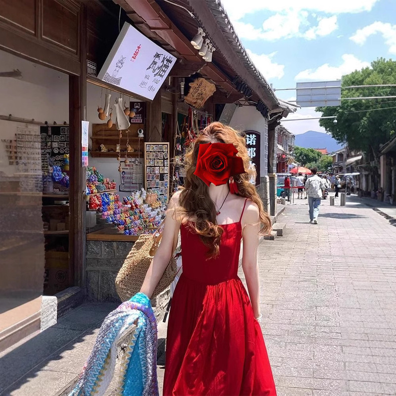 Thailand Holiday Red Backless Sling dress Women's Seaside Travel Wear Suit for Photography High-end Summer Dress