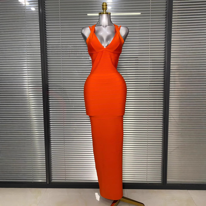 Amazon European and American Cross-Border Stage Orange Birthday Bodycon Bandage Evening Gown Celebrity Dress Tight-Fitting Long Dress