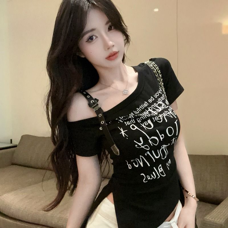 不规则斜肩短袖t恤女夏季美式辣妹一字肩上衣设计感小众独特漂亮|undefined