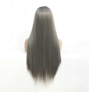 Fijación media recta gris delantera encaje semicimica fibra de seda de alta temperatura peluca LW0029