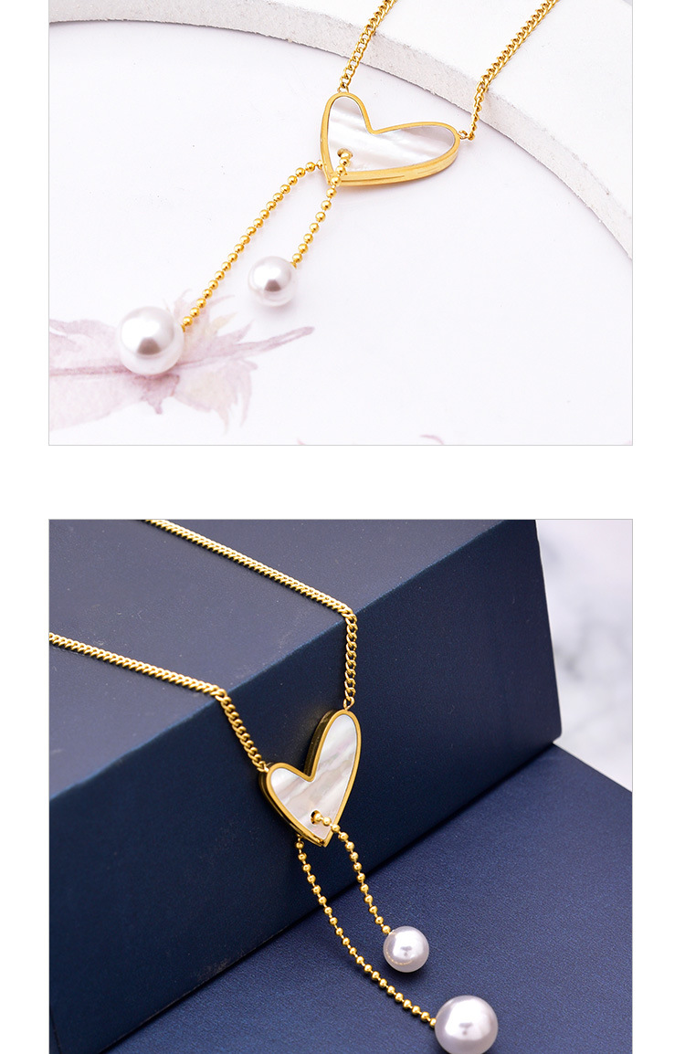 Fashion Heart Shape Titanium Steel Inlay Artificial Pearls Shell Pendant Necklace Colorza_colorza_4