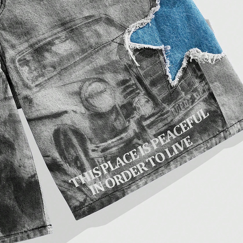 Men's Clothing Street Denim Shorts Patch Patch Stitching Five Pointed Star Print Jeans_voghion.com