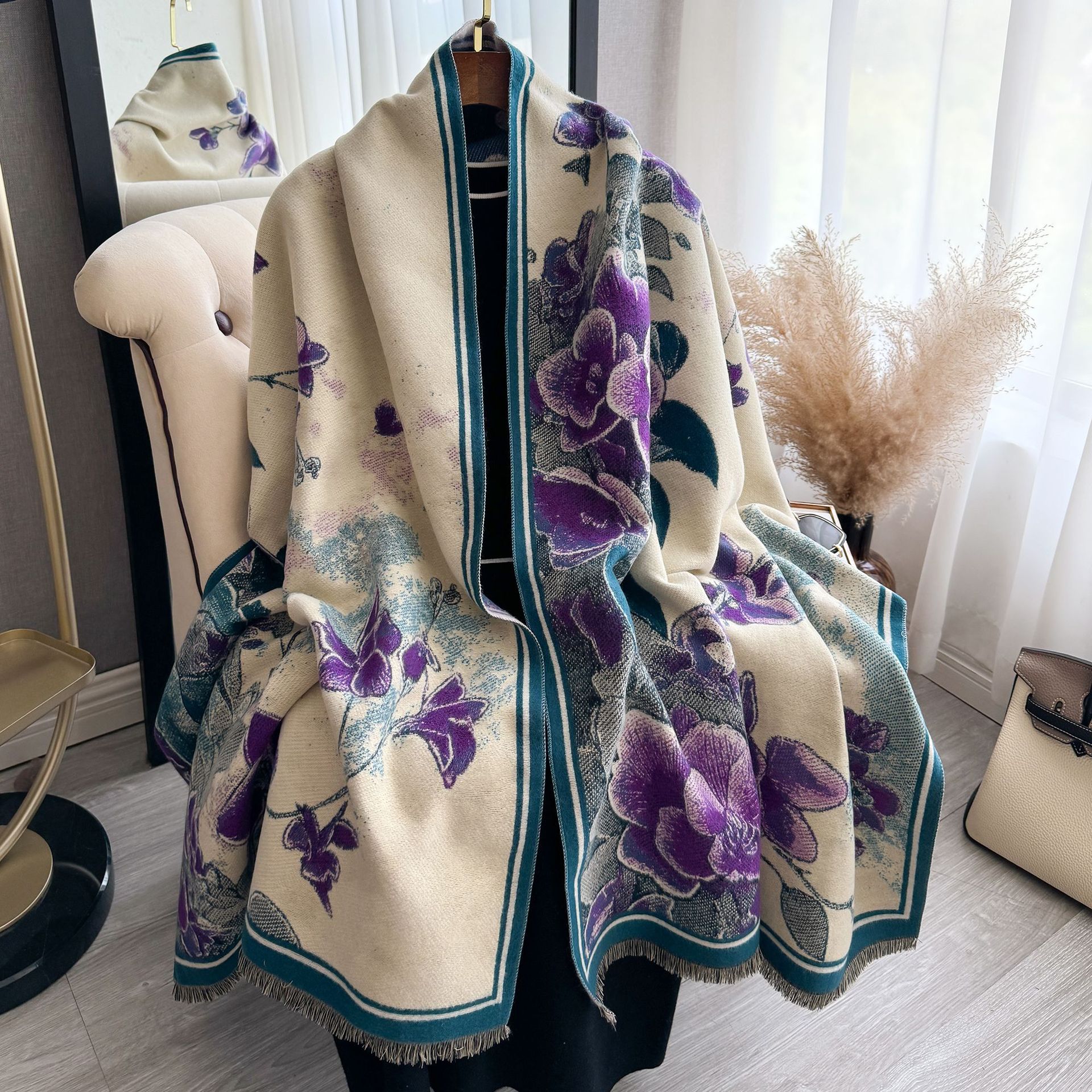 Retro pintura al óleo en color serie de combinación de imitación de cachemira gruesa mantel caliente otoño invierno nuevo estilo de literatura bufandas versátiles mujeres