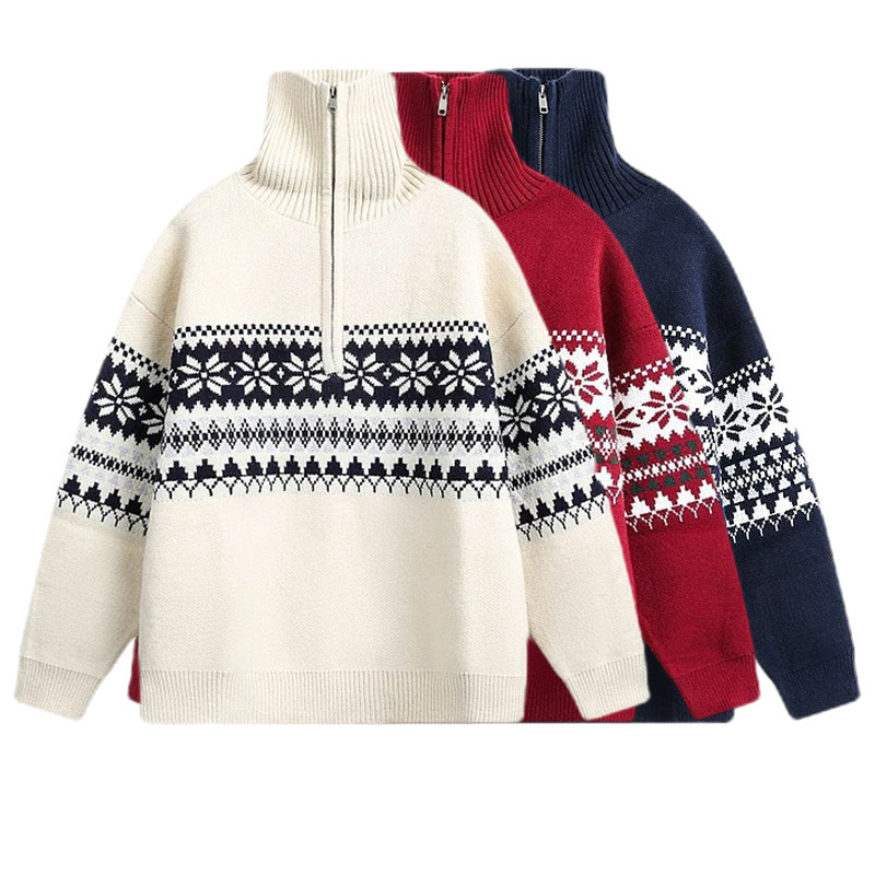 Cross-Border Popular European Size Large Size Fair Isle Jacquard Christmas Sweater Men's Half-Zip Stand Collar Factory Wholesale Cross-Border Popular European Size Large Size Fair Isle Jacquard Christmas Sweater Men's Half-Zip Stand Collar Factory Wholesale