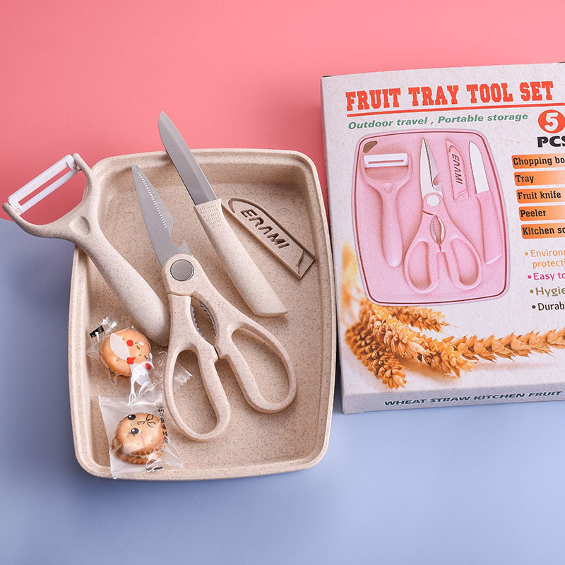 Conjunto de cinco piezas de paja de trigo con traje de tabla de corte suplemento alimenticio de bebé cuchillo de cerámica cuchillo de fruta de cerámica melón cepillado