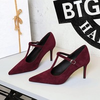 3628-A style pointed high heels, women's slim heels, suede single shoes, T-shaped buckle strap, high-end women's shoes