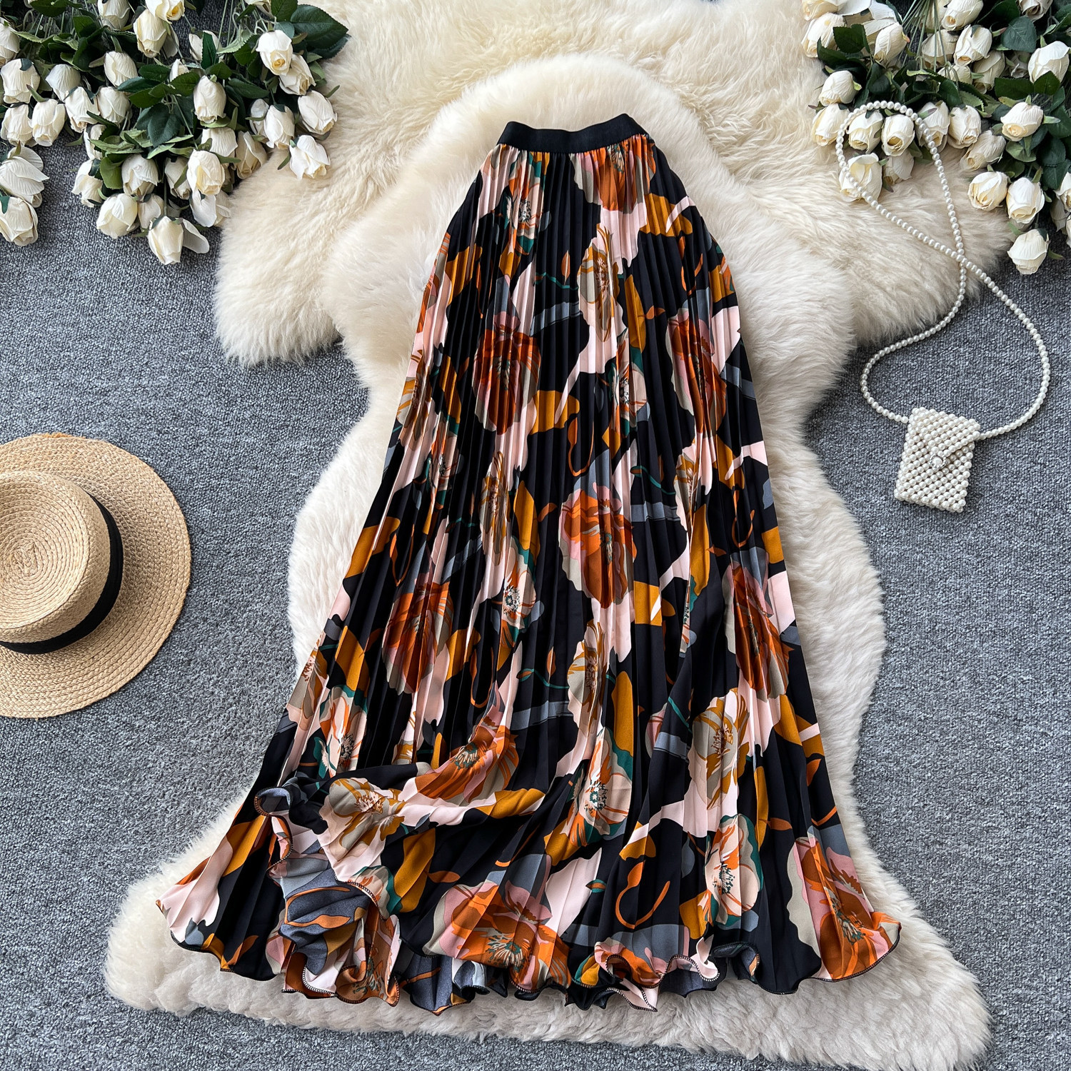 High Waisted Slimming Pleated Midi Skirt for Women French Style Printed A-Line Perfect for Summer Vacation And Work_ecoleips.com